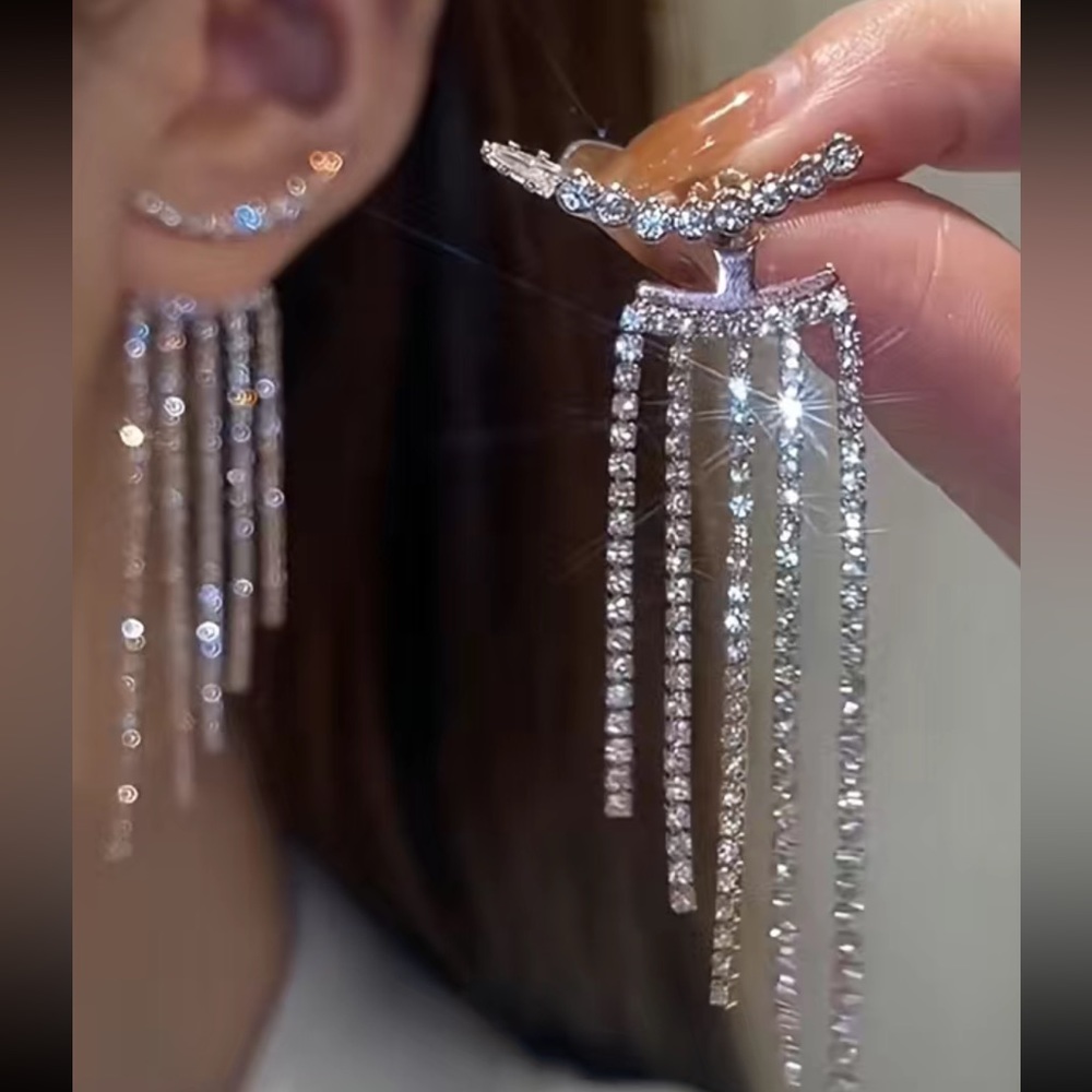 Silver and Rhinestone Arc Tassel Earrings
